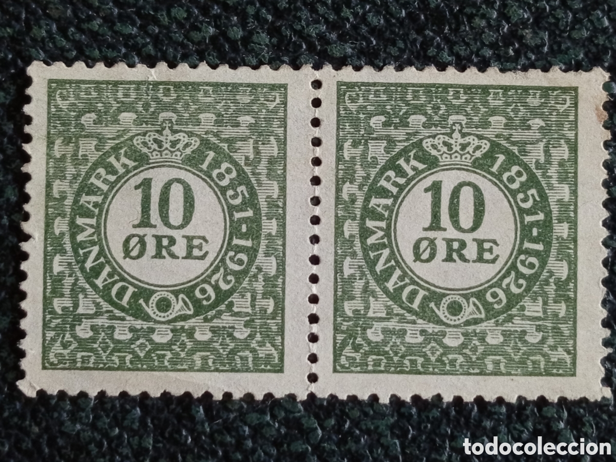 Sellos: Dinamarca 1926 75 Aniversario del Sello Postal 10 &Oslash;re (Pareja) - Michel #169 MH