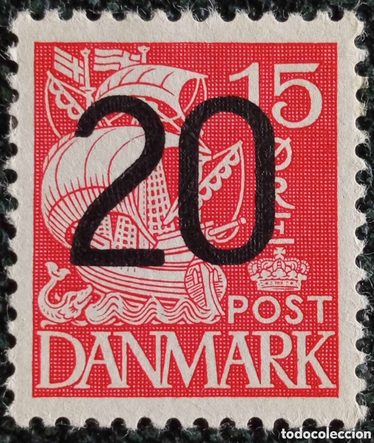 Sellos: Dinamarca 1940 Sobrecarga 20 &Oslash;re en 15 &Oslash;re Carabela Rojo - Michel #263 / Scott #269 MH