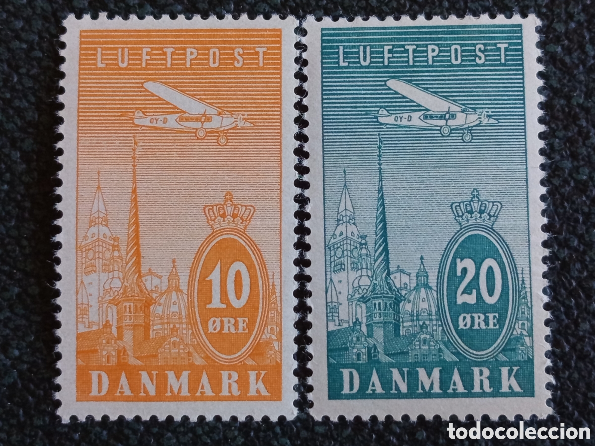 Sellos: Dinamarca 1934 Lote 2 Sellos Correo A&eacute;reo Avi&oacute;n Facit 207/208 YT PA6/PA7 MNH y MH