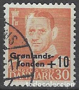 Stamps: DINAMARCA 1959 - REY FREDERIK IX, ROJO, SOBREIMPRESO &rdquo;ASISTENCIA A GROENLANDIA&rdquo; - USADO