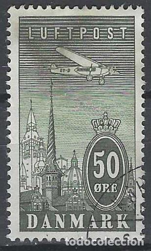 Selos: DINAMARCA 1934 - AVI&Oacute;N FOKKER VII SOSBREVOLANDO COPENHAGE, A&Eacute;REO, GRIS - USADO