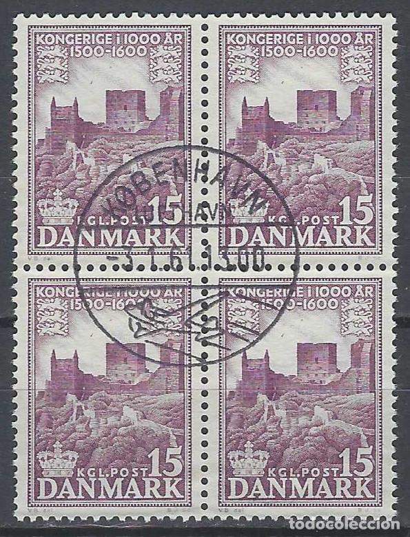 Briefmarken: DINAMARCA 1954-56 - MILENARIO DEL REINO DE DINAMARCA, RUINAS DE CASTILLO - USADO EN BLOQUE DE 4