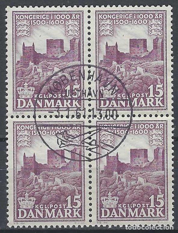 Stamps: DINAMARCA 1954-56 - MILENARIO DEL REINO DE DINAMARCA, RUINAS DE CASTILLO - USADO EN BLOQUE DE 4
