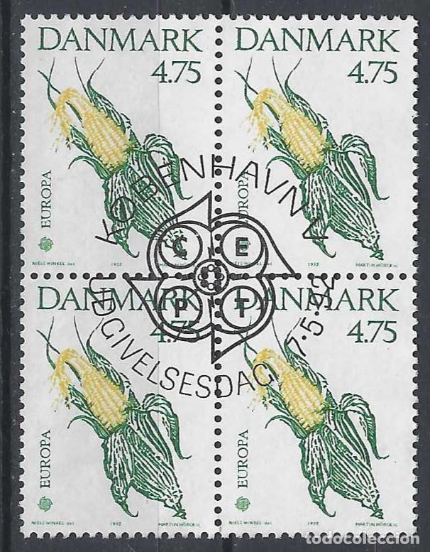 Stamps: DINAMARCA 1992 - EMISI&Oacute;N EUROPA, 5&ordm; CENT. DESCUBRIMIENTO DE AM&Eacute;RICA, MA&Iacute;Z - USADO EN BLOQUE DE 4