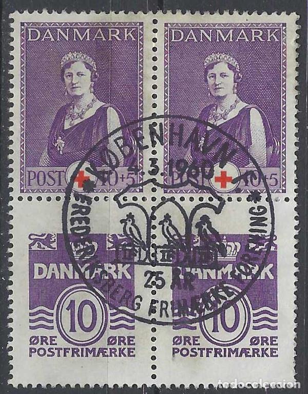 Briefmarken: DINAMARCA 1939 - CRUZ ROJA, REINA ALEXANDRA Y S.B&Aacute;SICA OLAS MAYOR TAMA&Ntilde;O - USADO EN BLOQUE DE 4