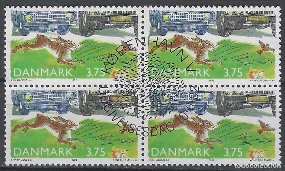 Stamps: DINAMARCA 1992 - PROTECCI&Oacute;N DEL MEDIO AMBIENTE, LIEBRE Y CARRETERA - USADO EN BLOQUE DE 4