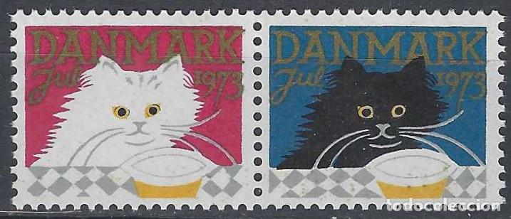 Sellos: DINAMARCA 1973- VI&Ntilde;ETAS DE NAVIDAD, GATOS, PAR UNIDO - MNH**