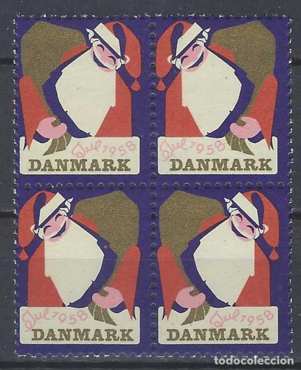 Sellos: DINAMARCA 1958 - VI&Ntilde;ETAS DE NAVIDAD, SANTA CLAUS, BLOQUE DE 4 - MNH**