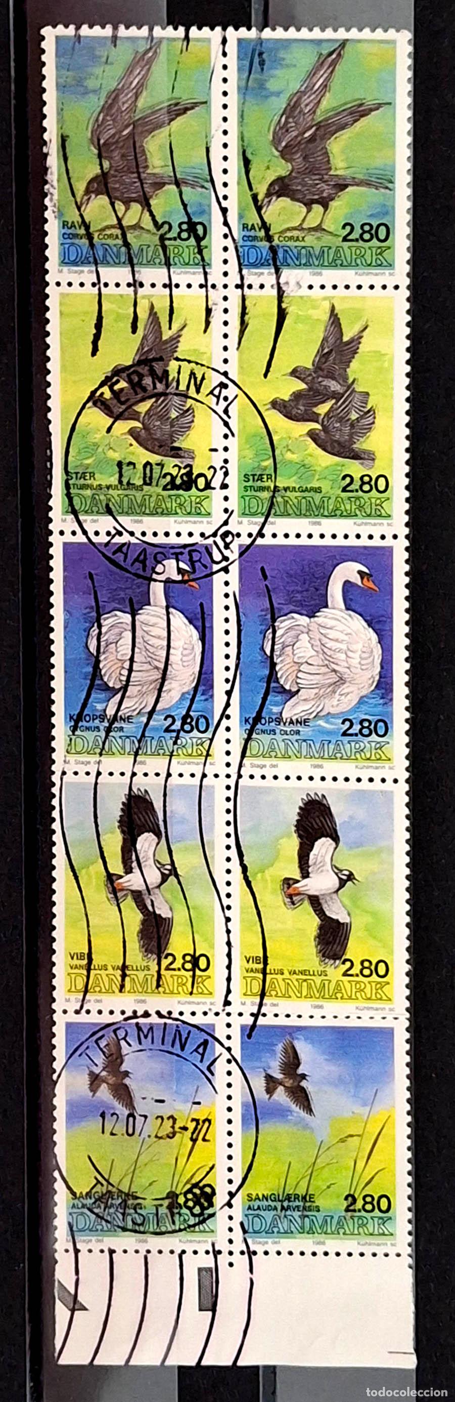 Sellos: Tira de 10 sellos de Dinamarca - Aves