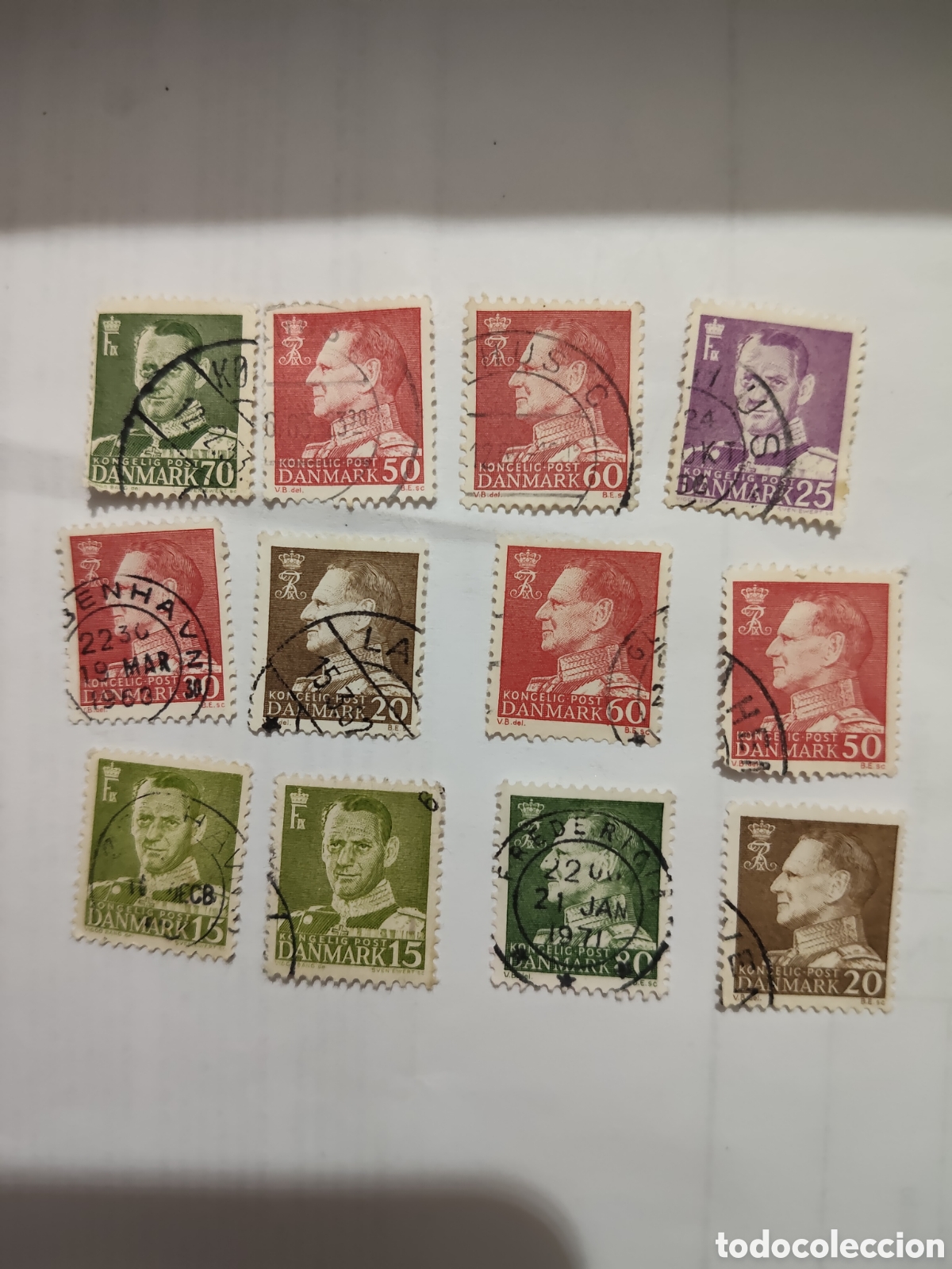 Sellos: 12 sellos de Dinamarca Rey Federico lX 1948-61