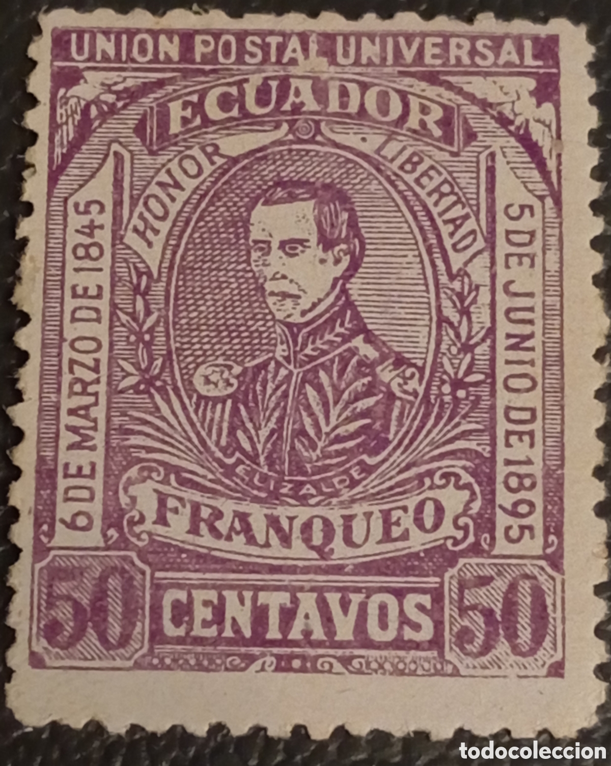 Sellos: Ecuador 1896 - Sello 50c Violeta - Gral. Elizalde - Cat&aacute;logo Yvert #74 / Scott #68 MNH