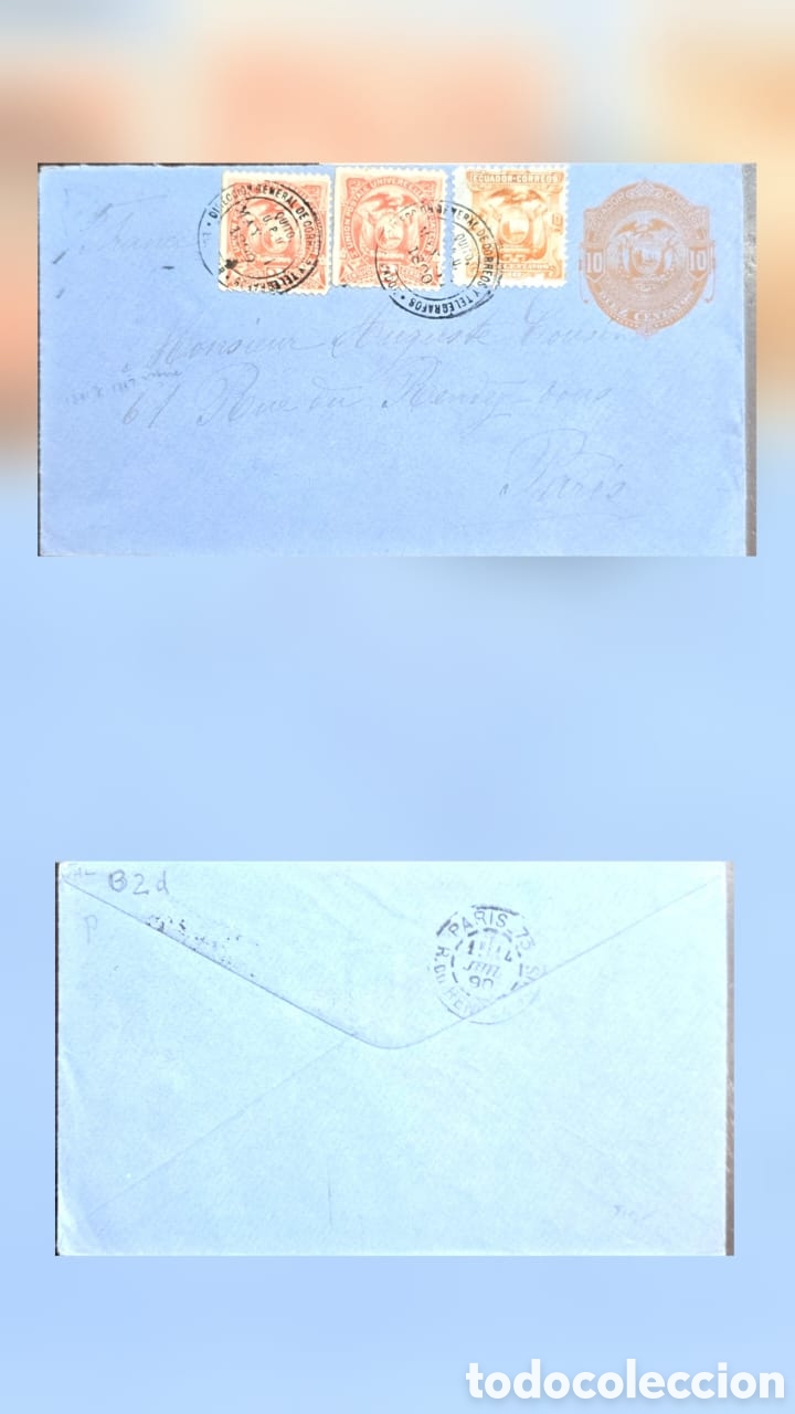 Sellos: CA)Ecuador 1890 Postal correspondence to France