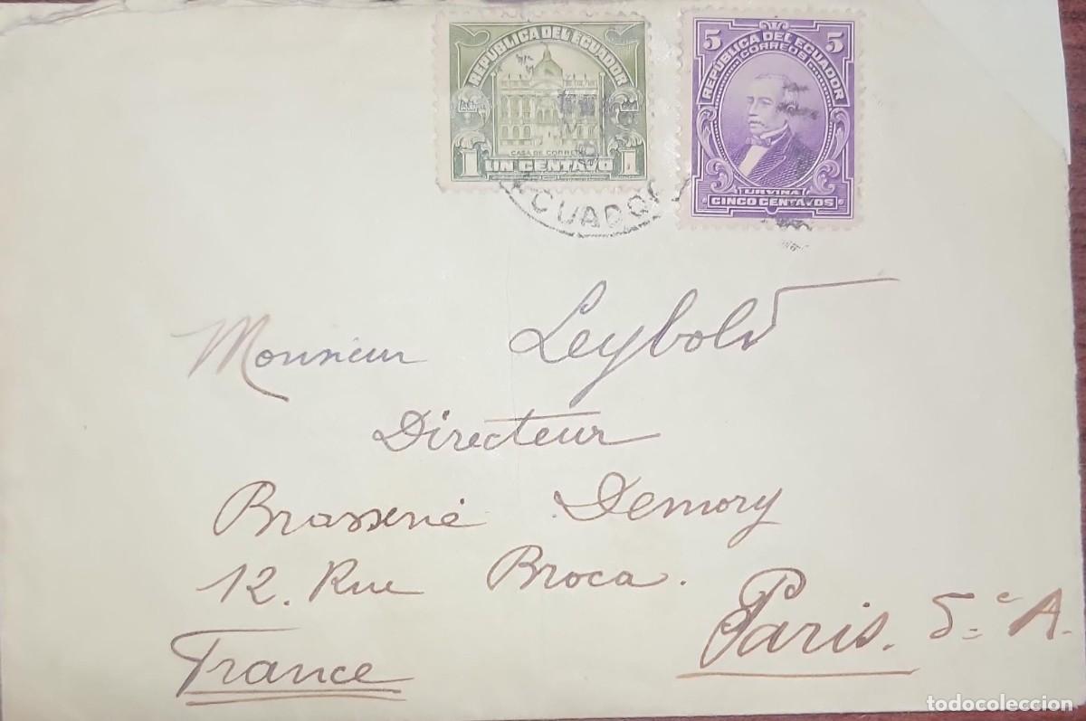 Sellos: O) ECUADOR, POST OFFICE 1c green, PRESIDENT URVINA 5c olive, CIRCULATED TO PARIS - FRANCE