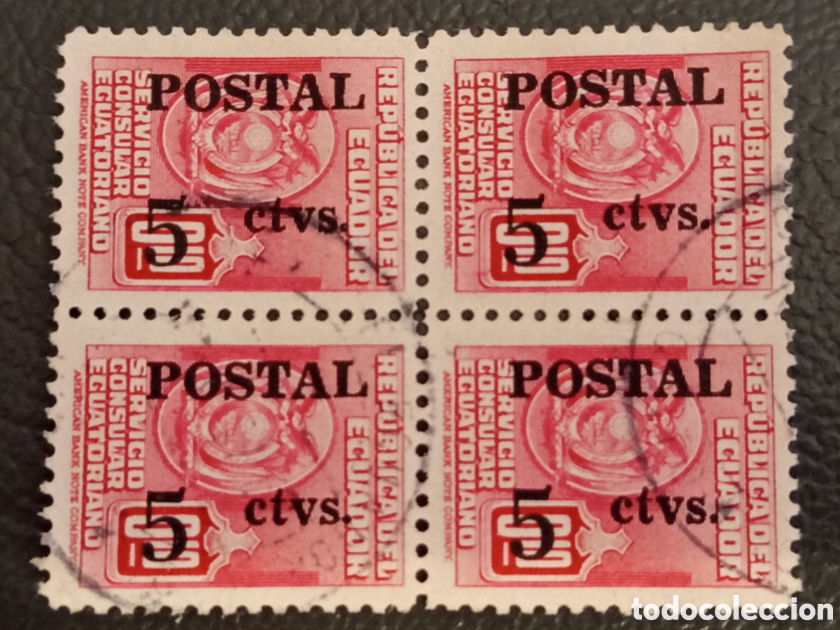 Sellos: Ecuador 1952 Bloque De 4 Servicio Consular Habilitado &rdquo;POSTAL&rdquo; 5 ctvs Rojo - Yvert #540