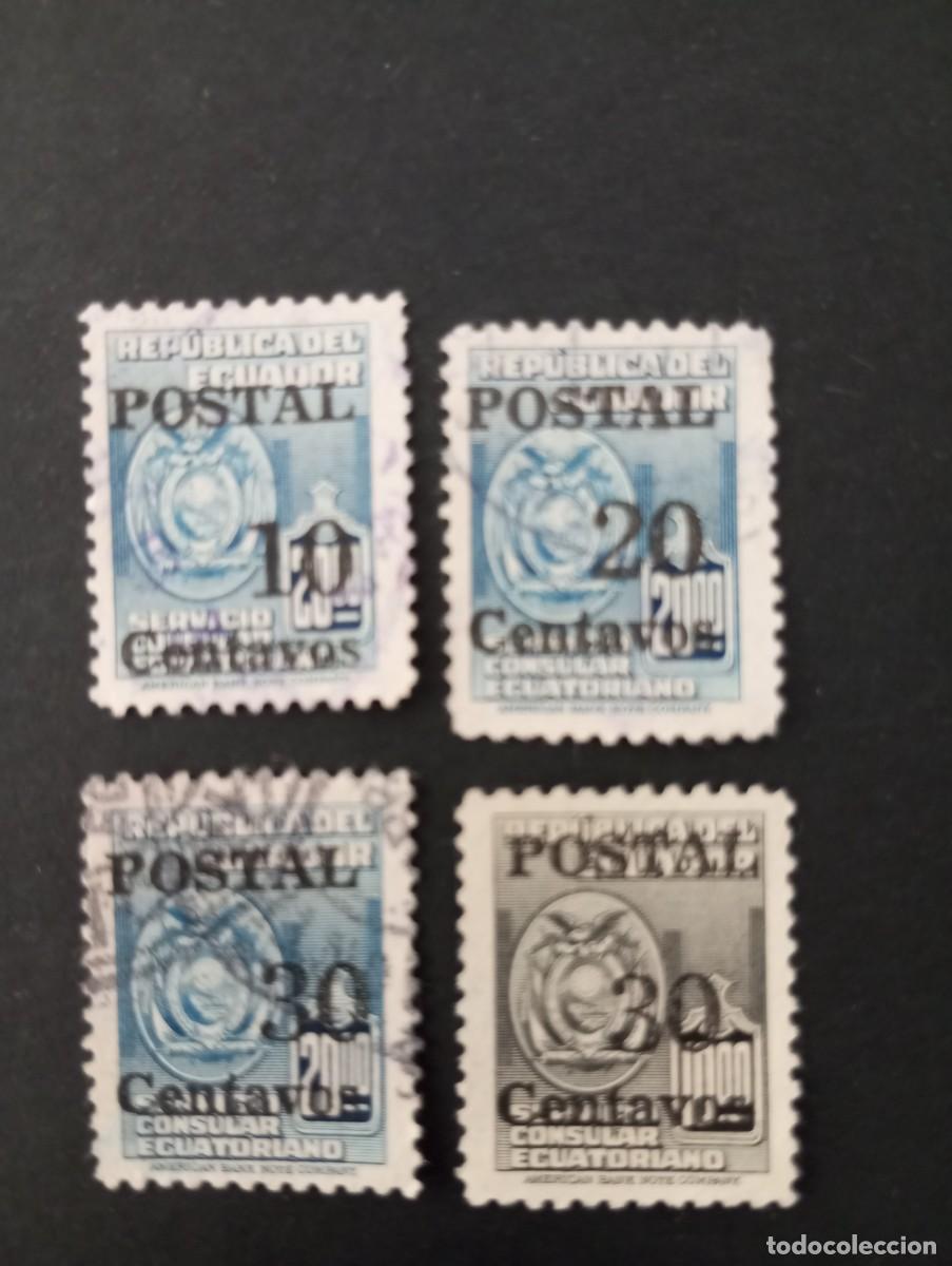 Sellos: ECUADOR, SERVICIO CONSULAR ECUATORIANO, SOBRECARGA POSTAL 10, 20, 30 CENTAVOS