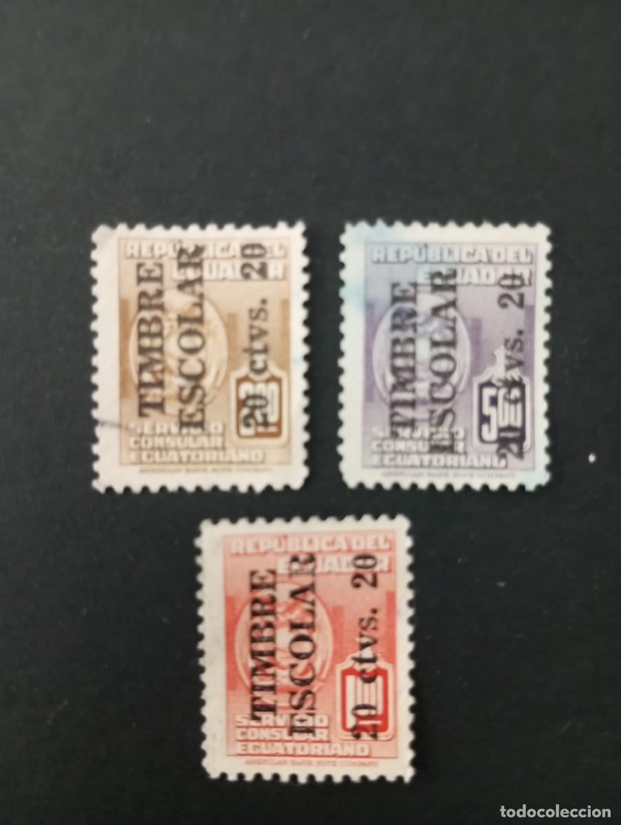 Sellos: ECUADOR, SERVICIO CONSULAR ECUATORIANO, SOBRECARGA TIMBRE ESCOLAR 20 CENTAVOS 20