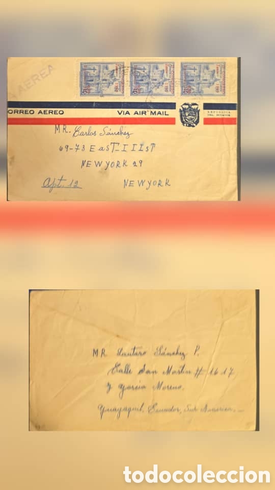 Sellos: CA)Ecuador + 1950s + Airmail Correspondence + Pair of envelopes showing international exchange betwe