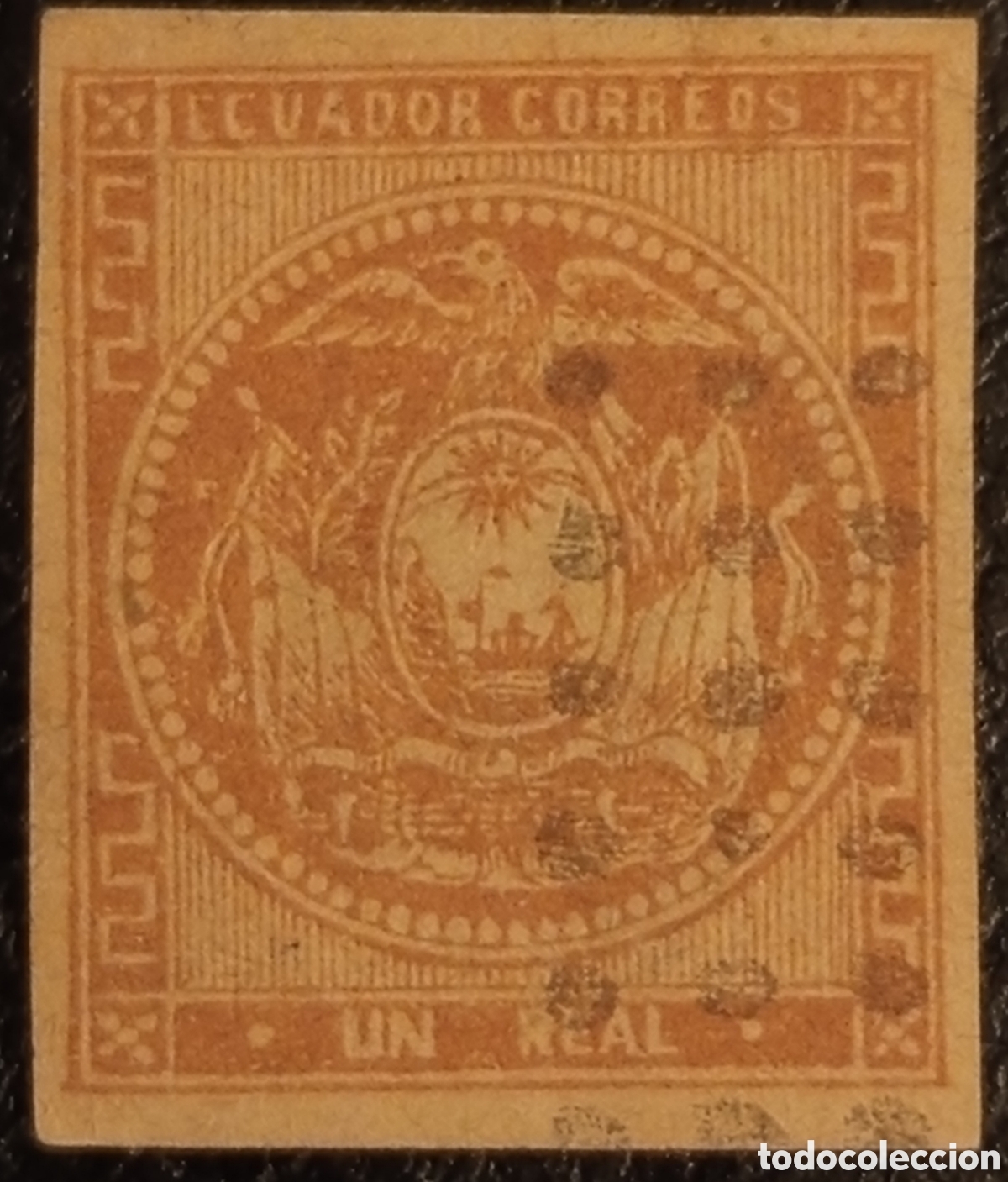Sellos: Sello Ecuador 1865 1 Real Ocre Escudo Imperforado - Cat Scott #2 Usado