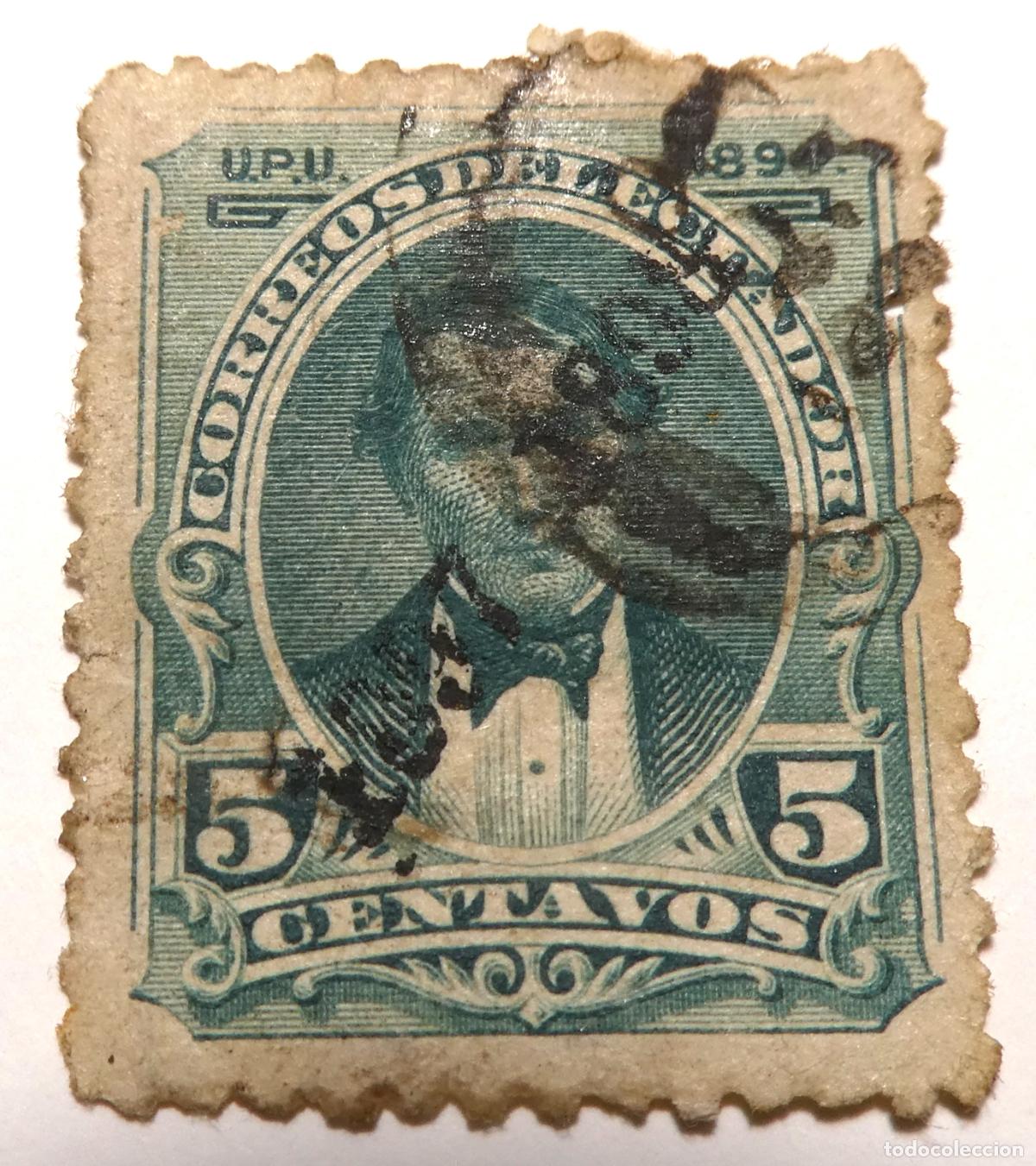 Sellos: Sello postal de Ecuador 5 centavos 1894, retrato de Vicente Rocafuerte