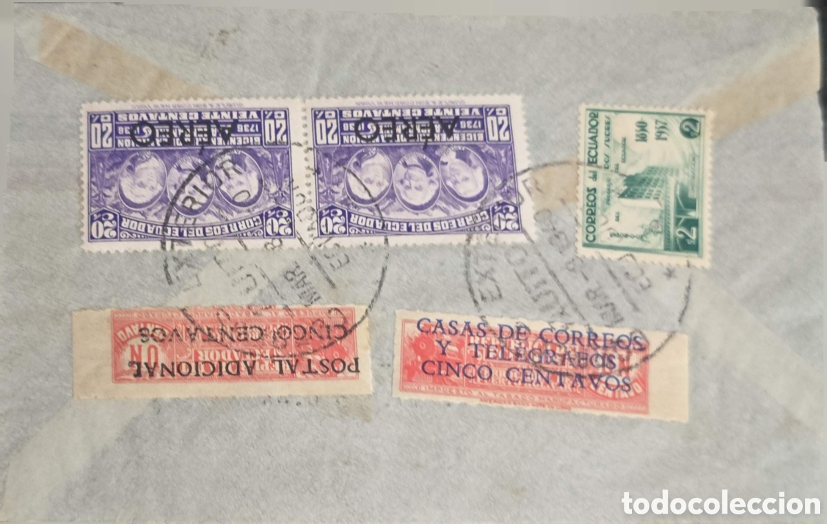 Sellos: CA)Ecuador + 1957&ndash;1928 + Commemorative Postal Stamps + Envelope franked with Ecuadorian issues inclu