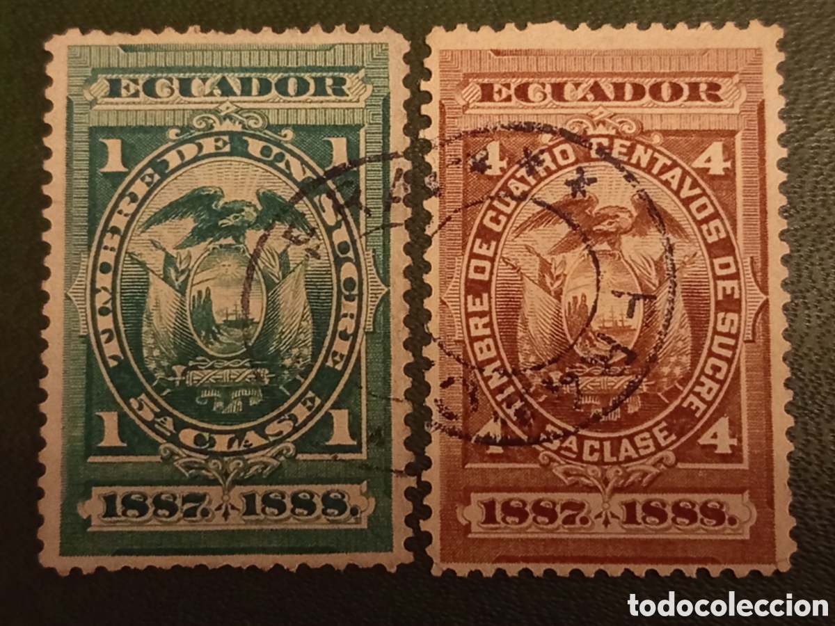 Sellos: Par Timbres Fiscales Ecuador 1887-1888 Usados