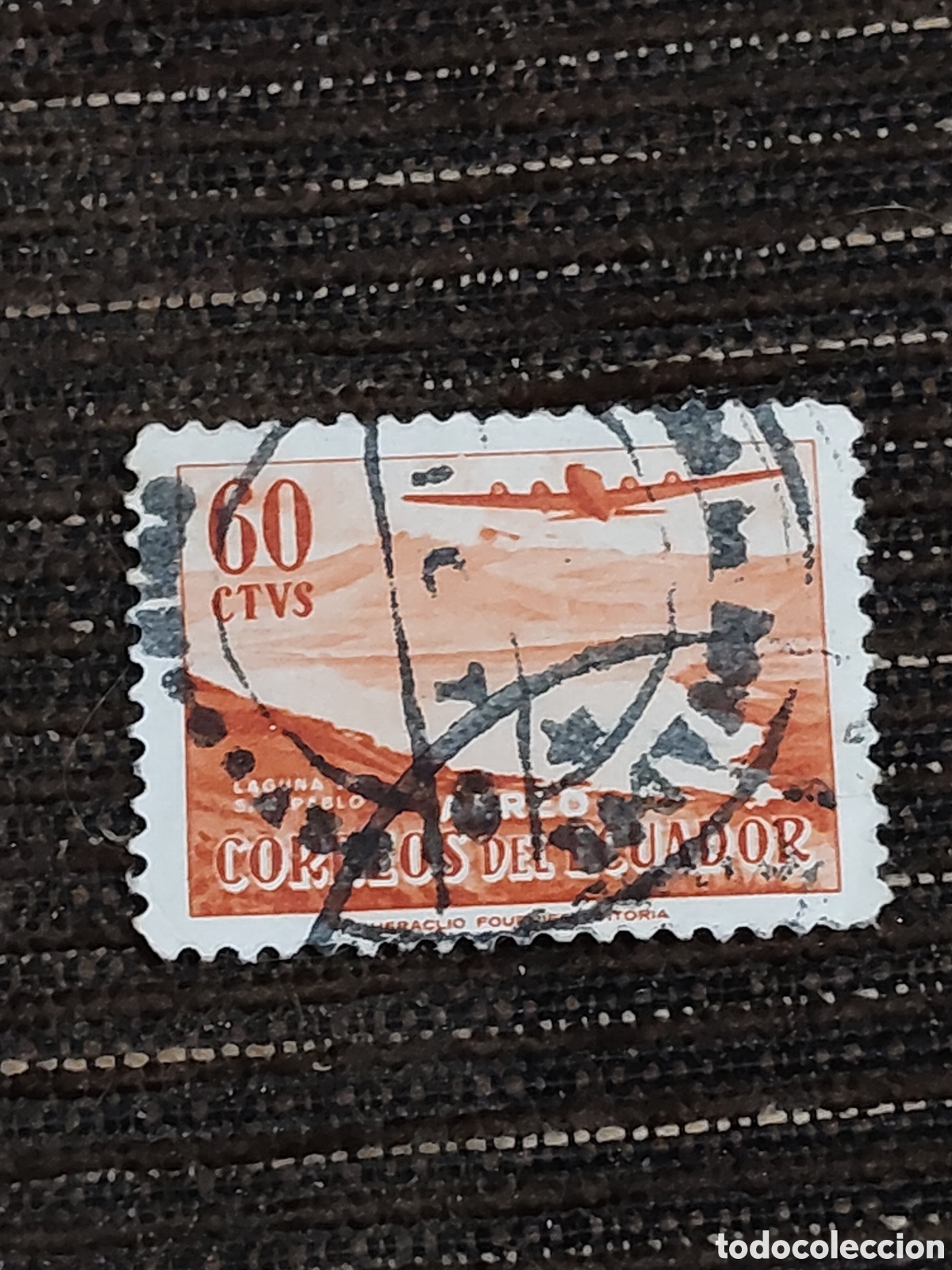 Sellos: Sello de Ecuador correo a&eacute;reo Douglas DC 4 volando sobre la laguna de San Pablo 1954