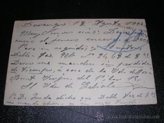 Sellos: TARGETA POSTAL ENVIADA A DURANGO ( VIZCAYA ) 1927 - Foto 2