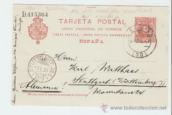 Sellos: Entero postal circulado M&aacute;laga - Stuttgart 1907 - Foto 1