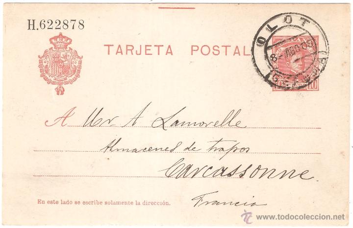 Sellos: ENTERO POSTAL OLOT GERONA A FRANCIA 1908 - Foto 1