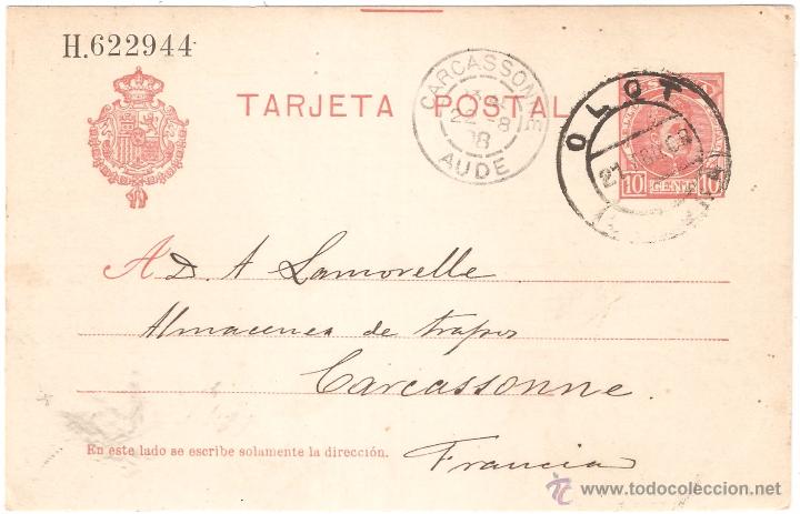 Sellos: ENTERO POSTAL OLOT A FRANCIA 1908 - Foto 1
