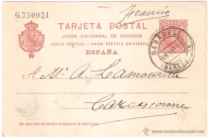 Sellos: ENTERO POSTAL SABADELL A FRANCIA 1909 - Foto 1