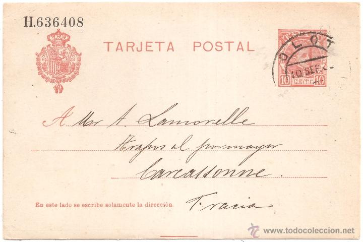 Sellos: ENTERO POSTAL OLOT GIRONA A FRANCIA 1908 - Foto 1