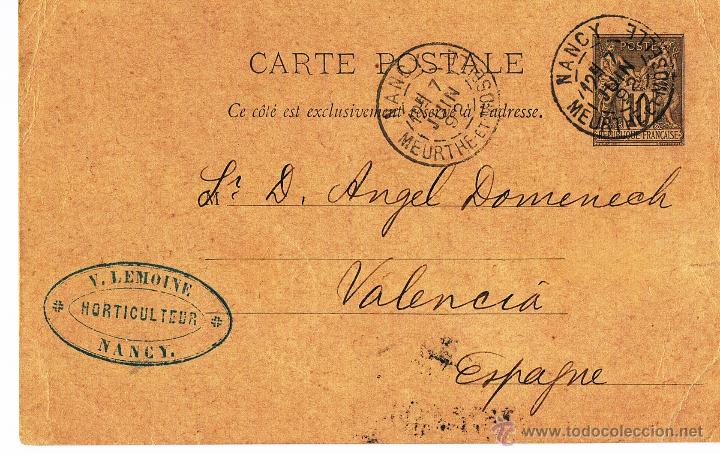 Sellos: ENTERO POSTAL. CIRCULADA DE NANCY A VALENCIA . JUNIO 1892 - Foto 1