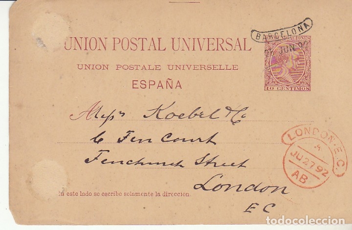 Sellos: BARCELONA a LONDRES. 1892. - Foto 1