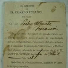 Sellos: SUSCRIPCION EL CORREO ESPAÑOL - 27 MARZO 1918. FALTA EL SELLO. TARANCON. Lote 233896765