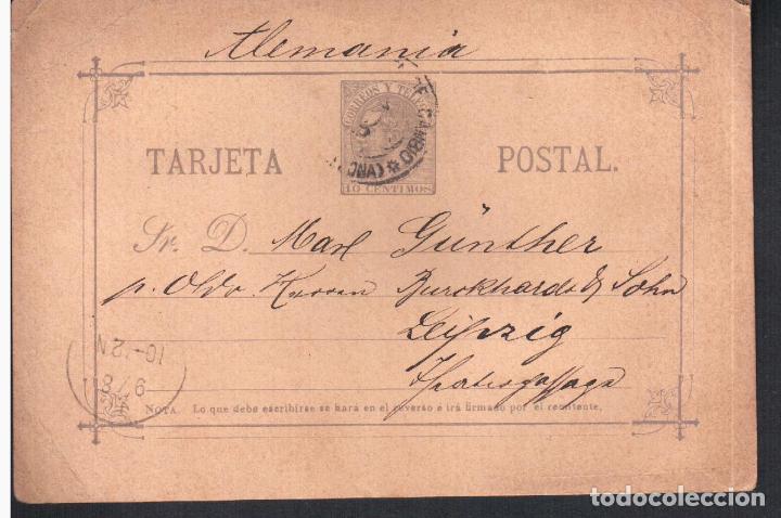 Sellos: ENTERO POSTAL ALFONSO XII BARCELONAS A LEIPZIG - Foto 1