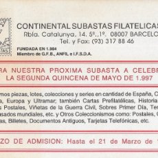 Sellos: ENTERO POSTAL IMPRESION PRIVADA SUBASTA MAYO 1997 CONTINENTAL SUBASTA FILATELICAS RARO ASI