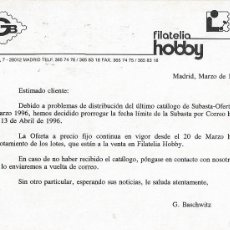Sellos: ENTERO POSTAL IMPRESION PRIVADA SUBASTA ABRIL 1996 DE FILATELIA HOBBY MADRID RARO ASI