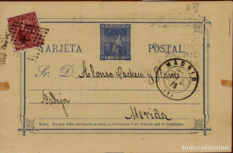 Sellos: FA4535. 1878, Tarjeta postal de Madrid a Merida - Foto 1