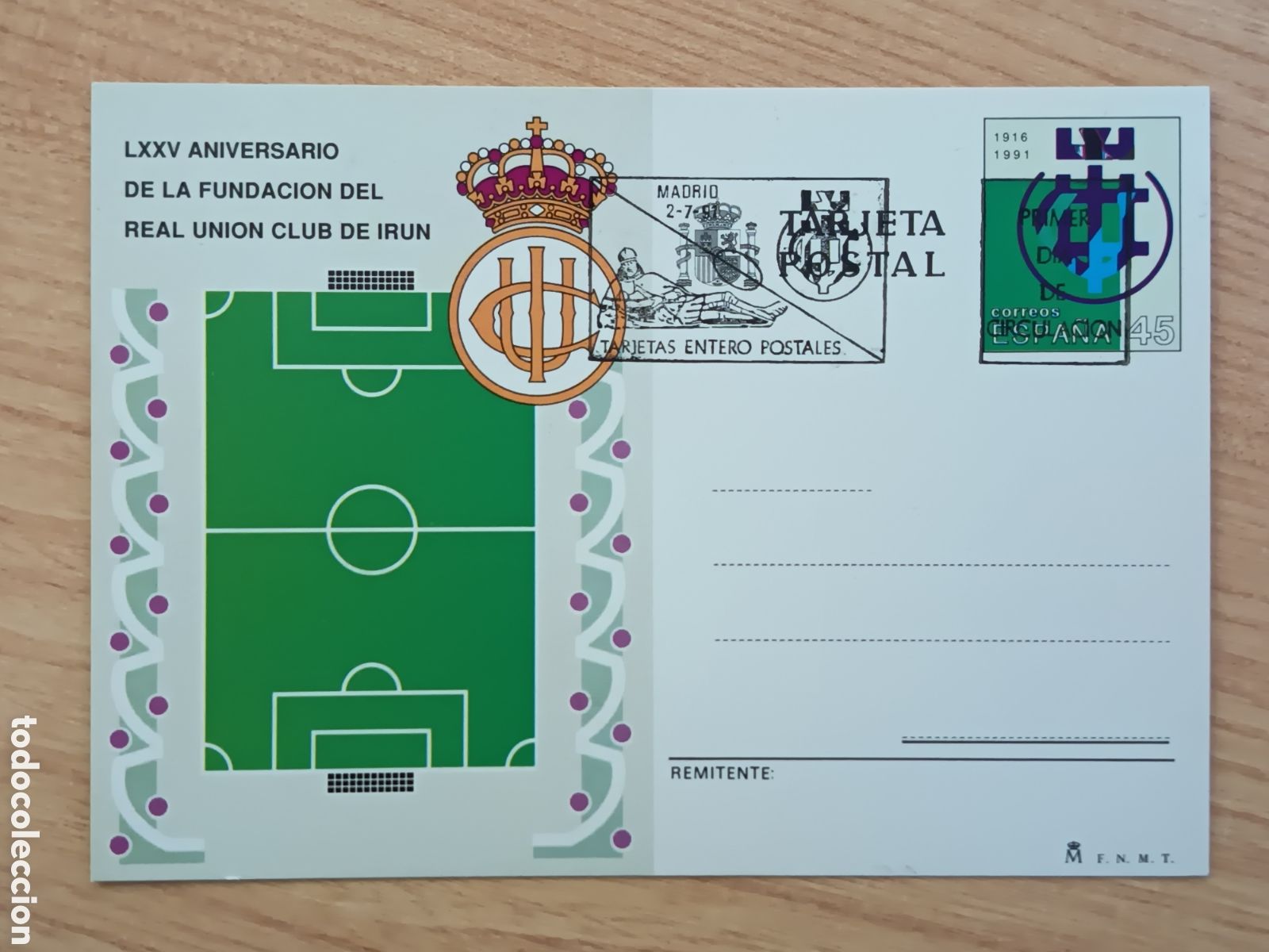 Sellos: TARJETA ENTERO POSTAL 153. MATASELLO ESPECIAL. LXXV ANIVERSARIO DEL REAL UNION CLUB DEL IRUN.
