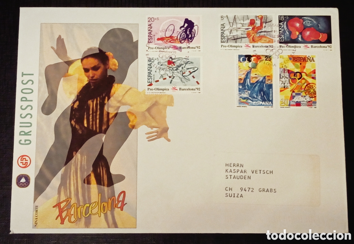 Sellos: Sobre A5 Circulado Barcelona 92 - Grusspost Nina Corti - Espa&ntilde;a a Suiza