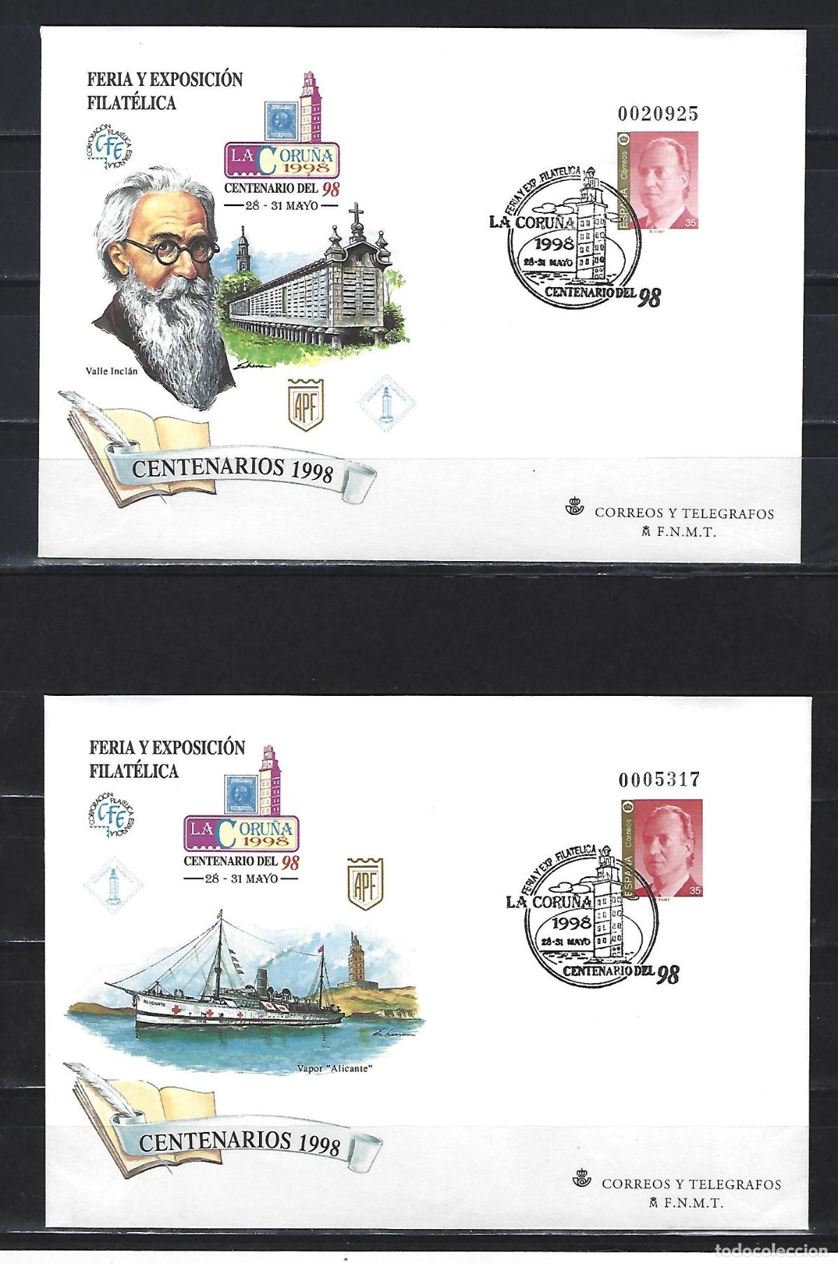 Sellos: SEP 46/47 ENTERO POSTAL CENTENARIO 98 CORU&Ntilde;A MATASELLADO FERIA VALLE INCLAN BARCO