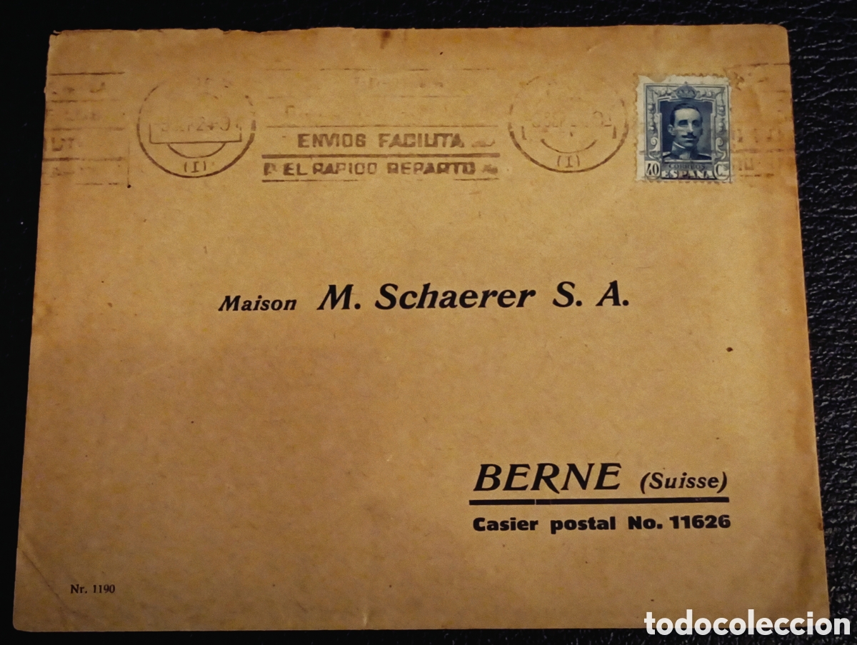 Sellos: Historia Postal: Sobre Circulado a Suiza, Sello Alfonso XIII Vaquer 40cts, Matasellos Rodillo