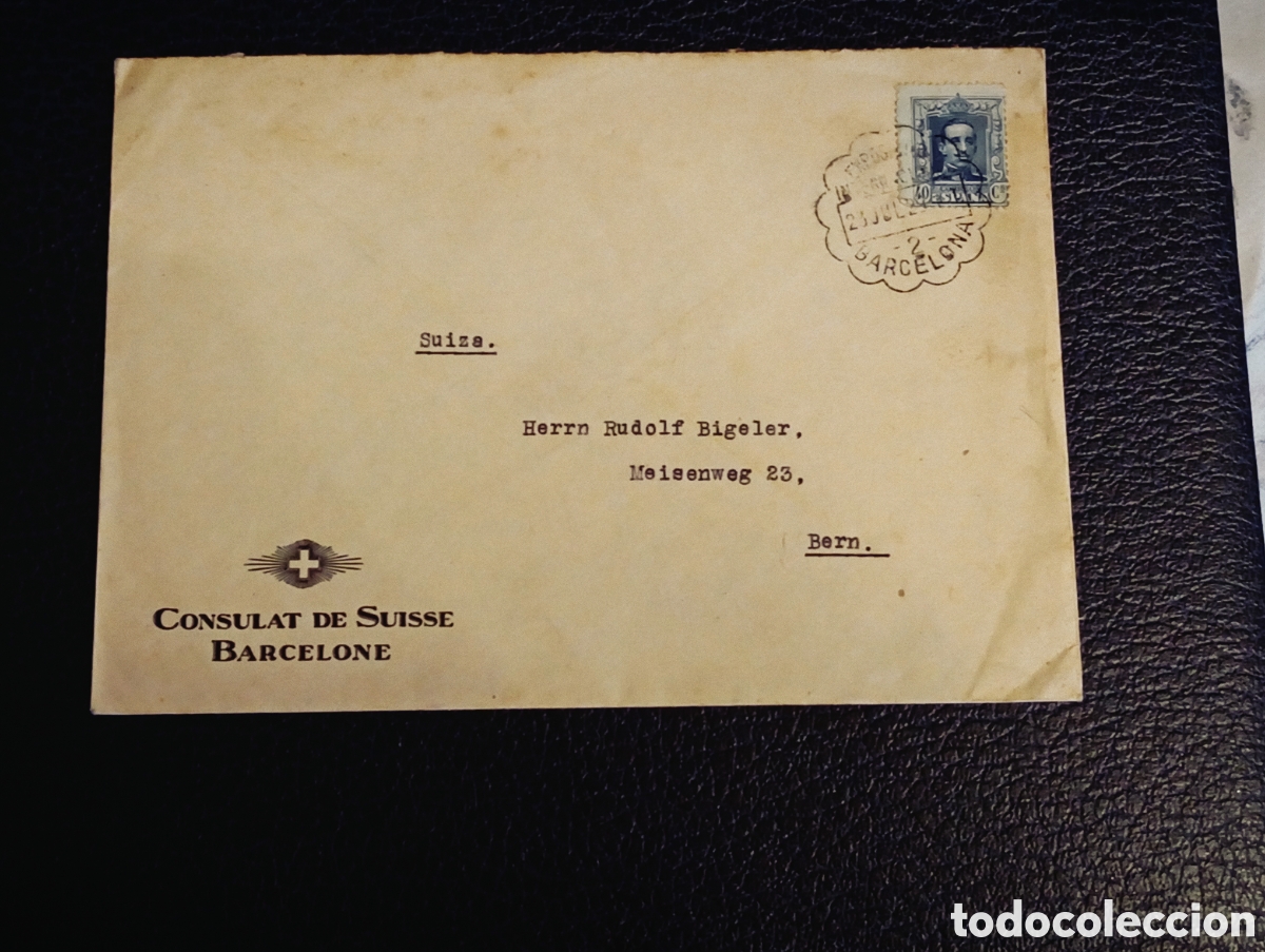 Sellos: Carta Circulada 1923s: Sello Alfonso XIII con Matasellos de Barcelona al Consulado Suizo