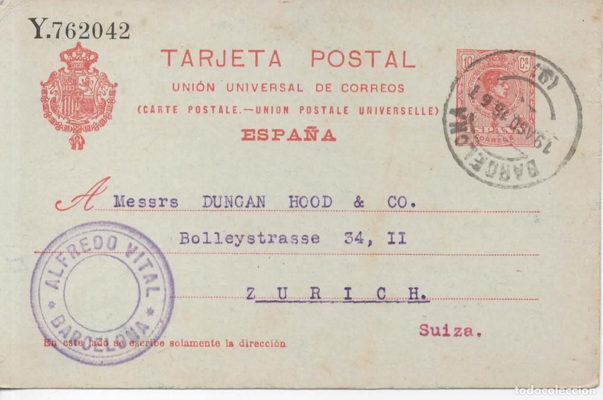 Sellos: ESPA&Ntilde;A ENTERO POSTAL ALFONSO XIII SERIE Y BARCELONA A ZURICH 1916