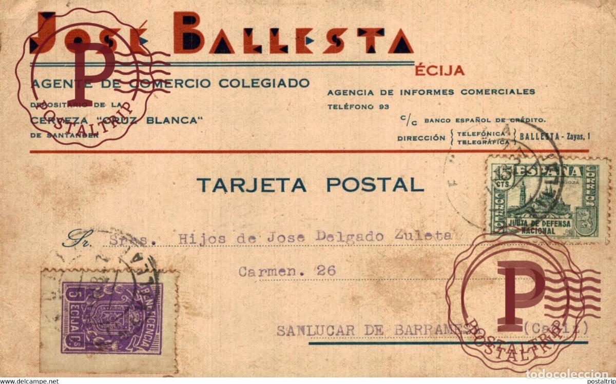 Timbres: TARJETA POSTAL JOSE BALLESTA. CERVEZA CRUZ BLANCA. ECIJA.