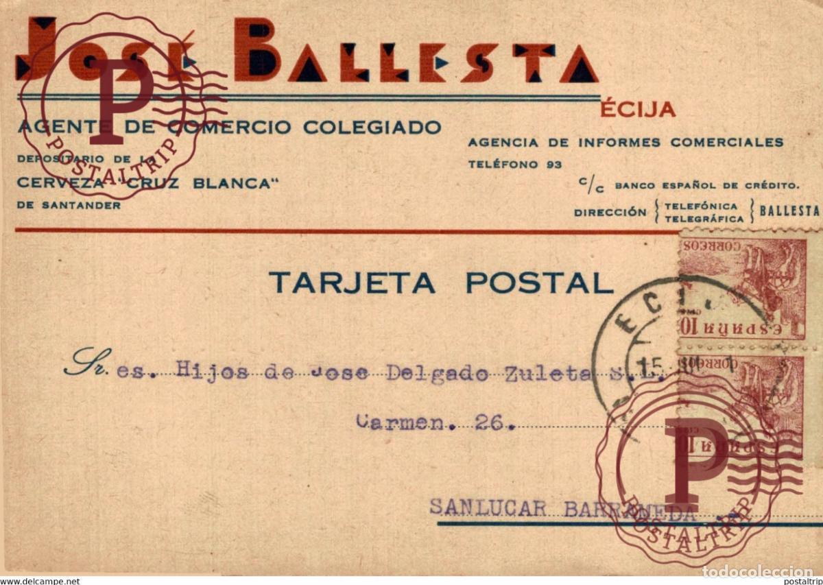 Francobolli: JOSE BALLESTA ECIJA SEVILLA SEE LEFT SIDE SANLUCAR DE BARRAMEDA CADIZ