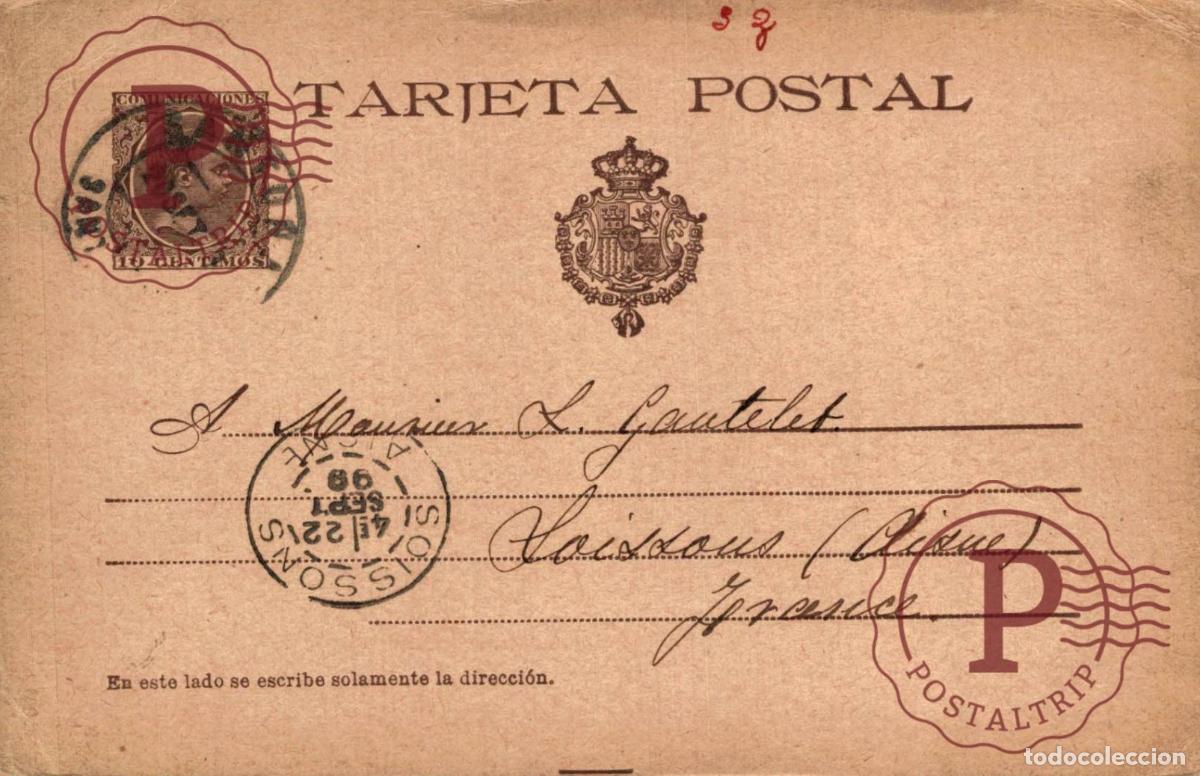 Sellos: ESPA&Ntilde;A. SPAIN. SELLO PELON. ENTERO POSTAL. 1899 SANTO&Ntilde;A. CANTABRIA