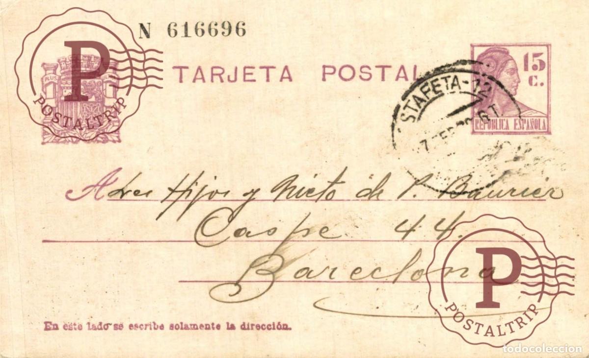 Sellos: ESPA&Ntilde;A. SPAIN. ENTERO POSTAL. TARJETA POSTAL. REPUBLICA ESPA&Ntilde;OLA. BARCELONA 1936