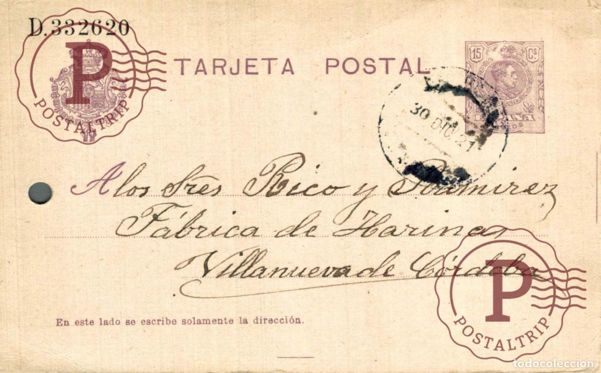 Sellos: ESPA&Ntilde;A. SPAIN. ENTERO POSTAL. TARJETA POSTAL. ALFONSO XIII. VILLANUEVA DE CORDOBA 1921. AGUJERO LATE